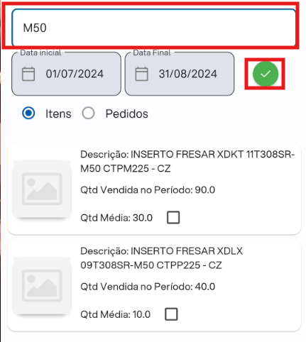 Aba Histórico com o texto "M50" digitado no campo de pesquisa e datas 01/07/2024 a 31/08/2024. A lista exibe somente os itens que contêm "M50": "INSERTO FRESAR XDKT 11T308SR-M50 CTPM225 - CZ" (Qtd Vendida 90,0; Qtd Média 30,0) e "INSERTO FRESAR XDLX 09T308SR-M50 CTPP225 - CZ" (Qtd Vendida 40,0; Qtd Média 10,0).