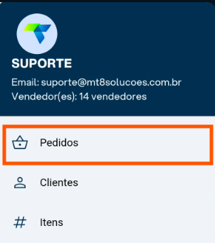 Menu lateral esquerdo do Vendor CRM com a opção Pedidos destacada, seguida de Clientes e Itens.