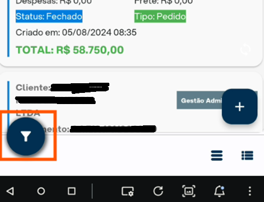 Tela de pedidos do Vendor CRM exibindo card de pedido com Status "Fechado" e Tipo "Pedido", total R$ 58.750,00. O ícone de filtro (funil) no canto inferior esquerdo está destacado.