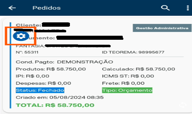 Tela de pedidos com o ícone de configuração (engrenagem) destacado no canto superior esquerdo, ao lado do campo Cliente.