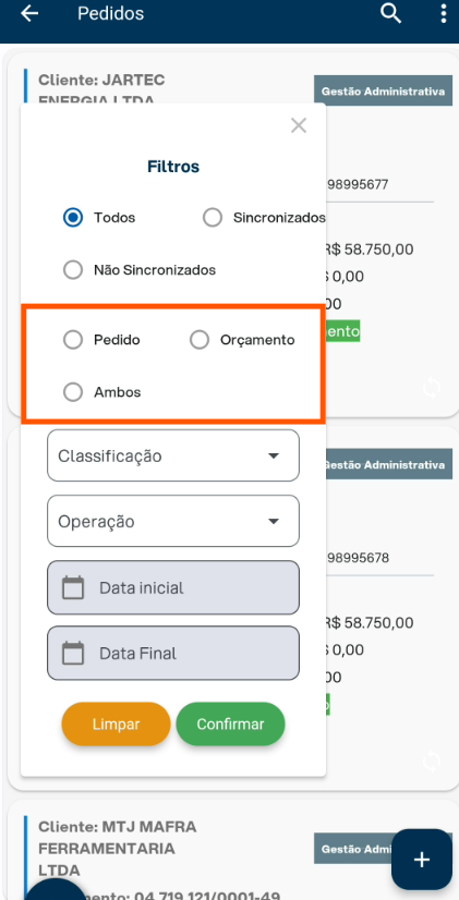 Tela de Filtros com a seção de tipo destacada, mostrando as opções "Pedido", "Orçamento" e "Ambos" sem nenhuma selecionada.