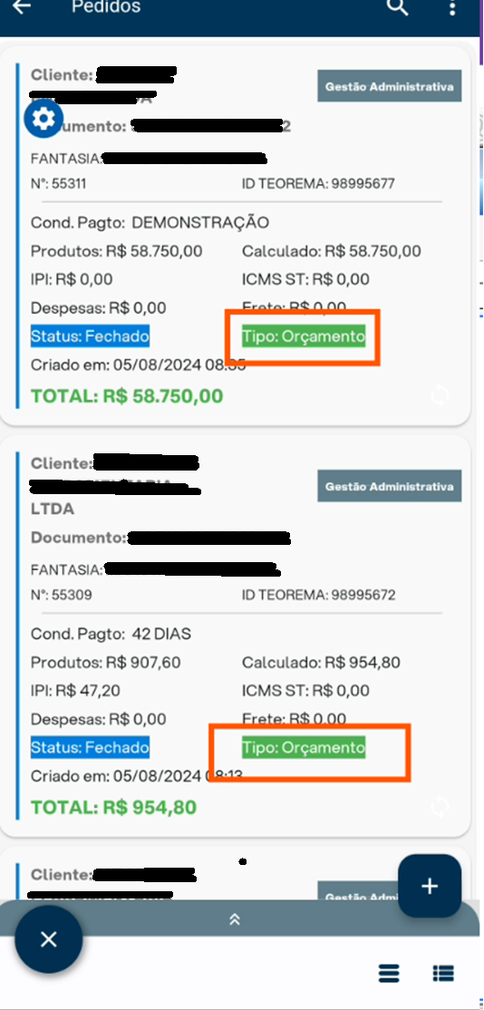 Tela de Pedidos após aplicar o filtro "Orçamento", exibindo dois cards: N° 55311 (ID TEOREMA 98995677, Cond. Pagto DEMONSTRAÇÃO, Total R$ 58.750,00, Tipo: Orçamento) e N° 55309 (ID TEOREMA 98995672, Cond. Pagto 42 DIAS, Total R$ 954,80, Tipo: Orçamento). Ambos com Status: Fechado.