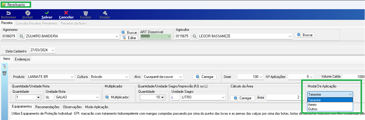 Tela de Receituário com o campo "Modal De Aplicação" aberto, exibindo as opções Terrestre (selecionado), Aereo e Outros; campos visíveis incluem Produto, Cultura, Alvo, Dose, Nº Aplicações, Quantidade/Unidade Nota, Unidade Siagro e Cálculo da Área