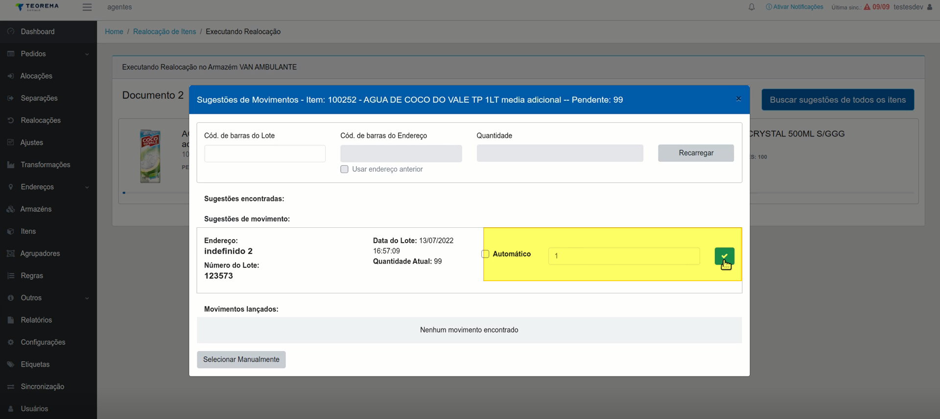 Sugestão de movimento com o checkbox Automático desmarcado, o campo de quantidade preenchido com 1 e o botão de check destacados em amarelo