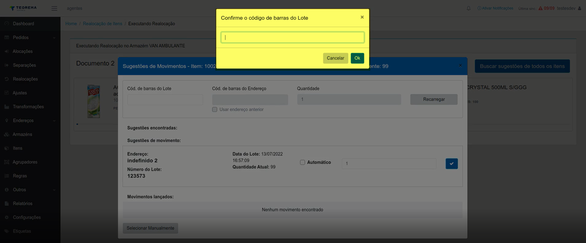 Janela Confirme o código de barras do Lote com campo de digitação vazio e os botões Cancelar e Ok