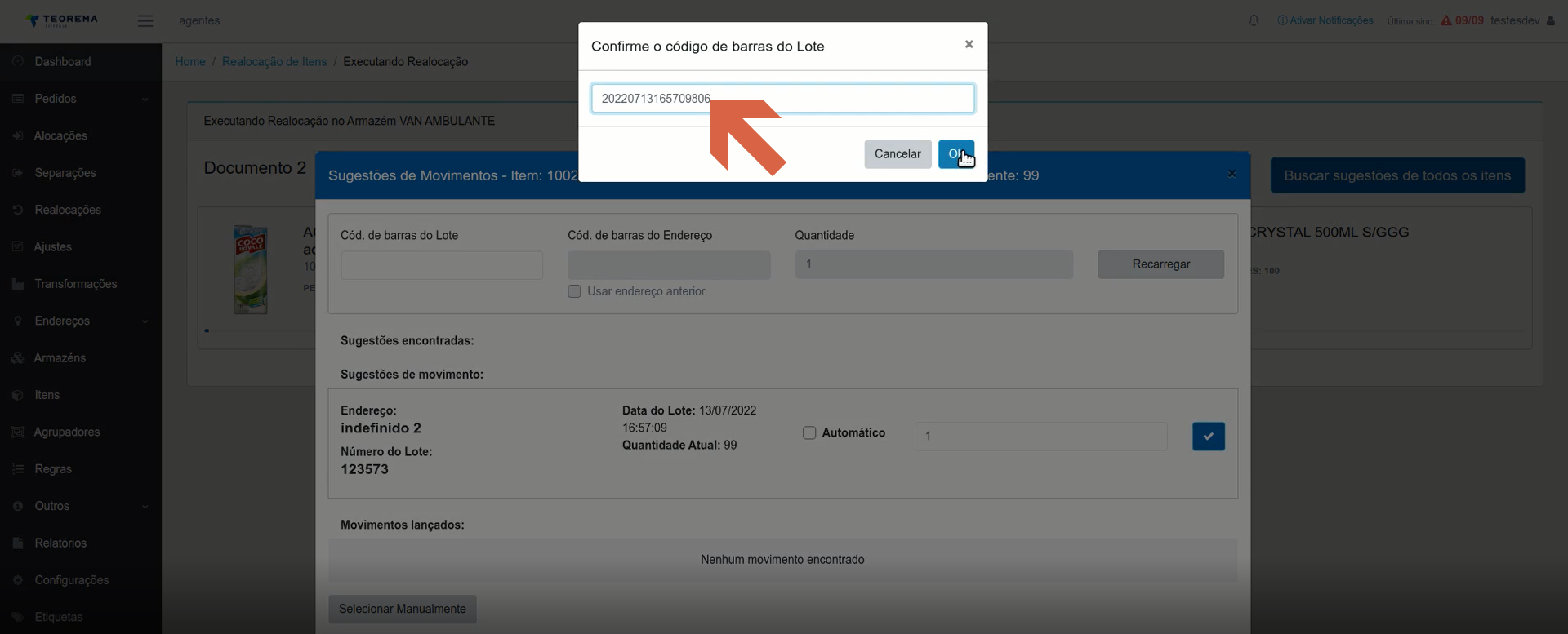 Janela Confirme o código de barras do Lote com o código digitado e seta apontando para o botão Ok