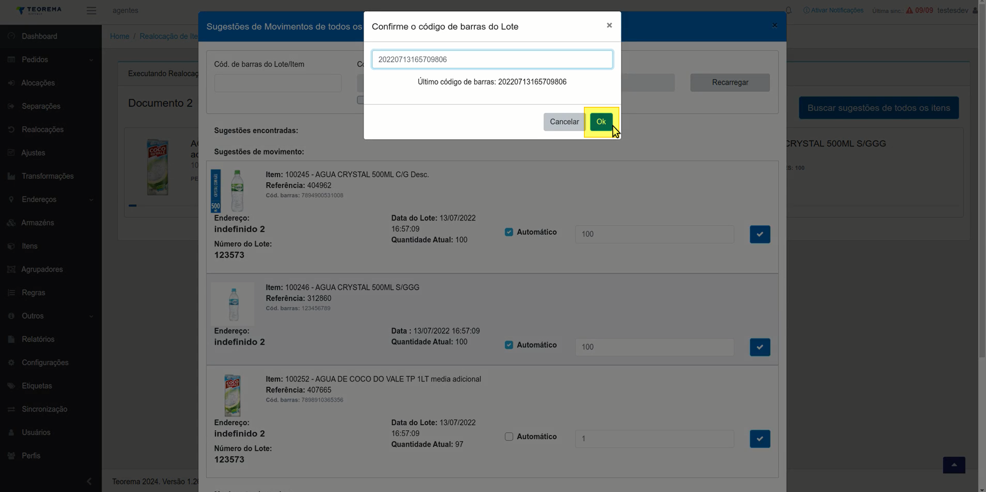 Janela Confirme o código de barras do Lote com o código digitado e o botão Ok destacado em amarelo