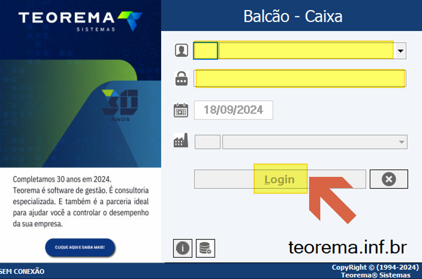 Tela de login Balcão - Caixa com campos de usuário, senha e data preenchida com 18/09/2024, botão Login destacado