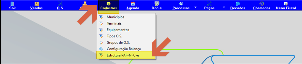 Menu Cadastros expandido com as opções Municípios, Terminais, Equipamentos, Tipos O.S., Grupos de O.S., Configuração Balança e Estrutura PAF-NFC-e, com esta última destacada