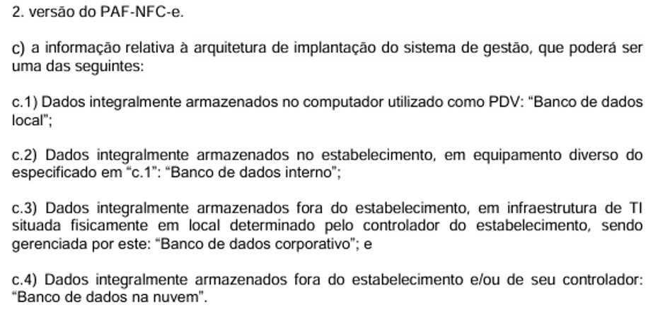Tela de cadastro PAF mostrando a seção de Arquitetura de Implantação do Sistema de Gestão com os campos Nome Comercial, CNPJ, Endereço, Número Credenciamento e versão do PAF NFC-e preenchidos