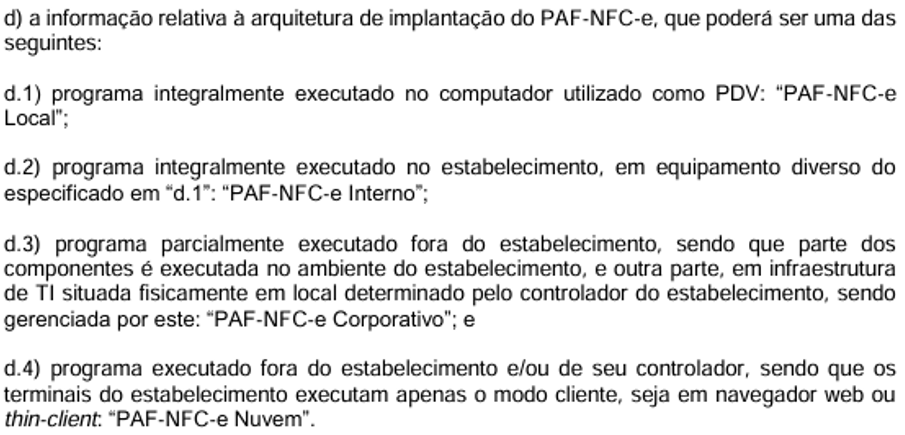 Tela exibindo as opções de Arquitetura de Implantação do PAF-NFC-e: d.1 PAF-NFC-e Local, d.2 PAF-NFC-e Interno, d.3 PAF-NFC-e Corporativo e d.4 PAF-NFC-e Nuvem com descrições completas