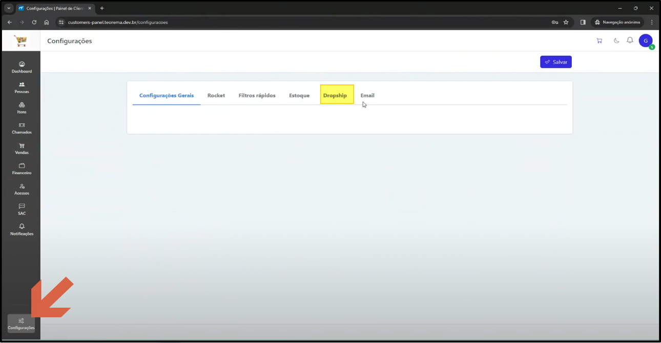 Tela Configurações do Painel de Clientes com abas Configurações Gerais, Rocket, Filtros rápidos, Estoque, Dropship (destacada) e Email; menu lateral com itens Dashboard, Pessoas, Itens, Chamados, Vendas, Financeiro, Acessos, SAC, Notificações e Configurações