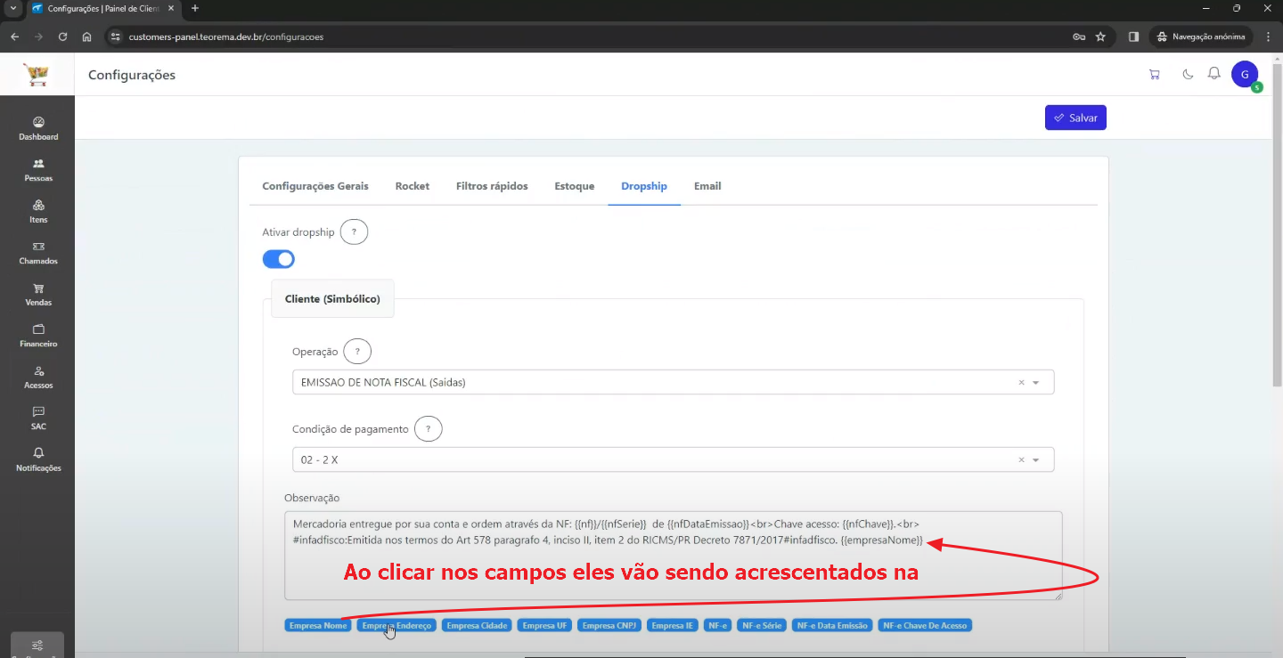Tela Configurações, aba Dropship, seção Cliente (Simbólico), campo Observação com template preenchido e anotação "Ao clicar nos campos eles vão sendo acrescentados na observação"
