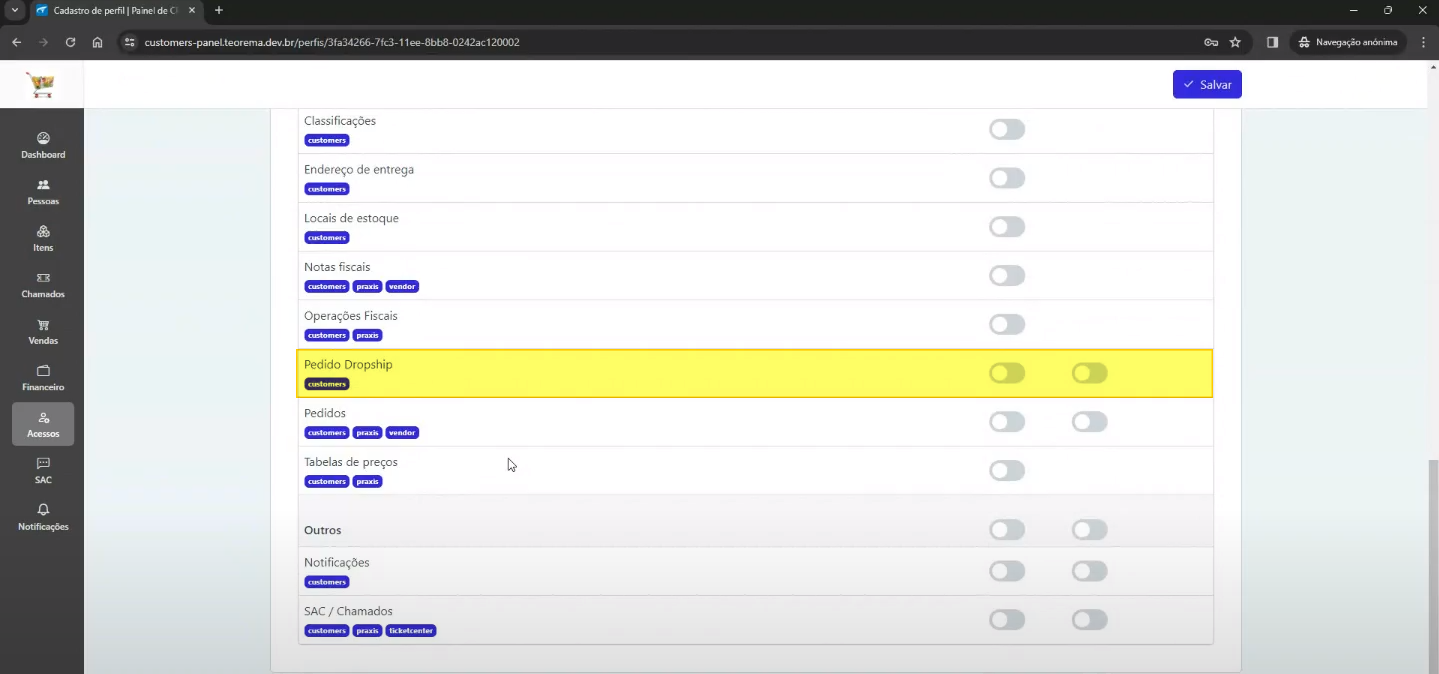 Tela Cadastro de perfil com módulo Pedido Dropship (customers) destacado com toggles Listar e Criar/Editar ativados; abaixo: Pedidos (customers, praxis, vendor), Tabelas de preços (customers, praxis), Outros, Notificações (customers), SAC / Chamados (customers, praxis, ticketcenter)