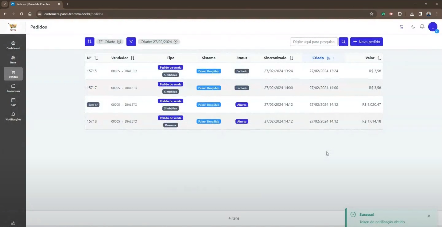 Tela Pedidos com botões Novo pedido e Novo pedido Dropshipping; lista com 4 pedidos do tipo Pedido de venda Simbólico com sistema Painel DropShip