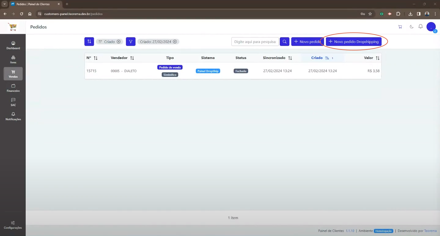 Tela Pedidos com botão "+ Novo pedido Dropshipping" destacado em círculo; lista com 1 pedido (15715, tipo Pedido de venda Simbólico, sistema Painel DropShip, status Fechado, valor R$ 3,58)