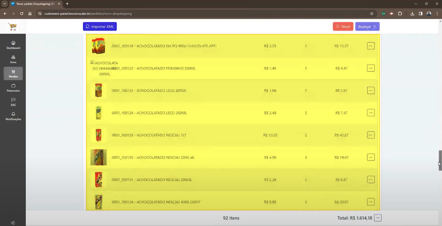 Tela Novo pedido Dropshipping com lista de itens reconhecidos: 0001_100118 – ACHOCOLATADO EM PÓ 400G CHOCOLATE APT1, 0001_100124/125/126/128/130/131/134 com respectivos preços e quantidades; total 92 itens – R$ 1.614,18