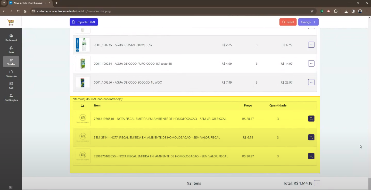 Tela Novo pedido Dropshipping com itens reconhecidos no topo (Água Crystal, Água de Coco etc.) e seção "Item(ns) do XML não encontrado(s)" destacada com 3 itens: 789641970510 – NOTA FISCAL EMITIDA EM AMBIENTE DE HOMOLOGACAO – SEM VALOR FISCAL (R$ 28,47), SEM GTIN (R$ 6,75), 7898370103550 (R$ 20,97) com ícone de lupa