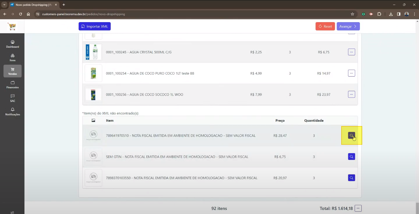 Tela Novo pedido Dropshipping com item não encontrado selecionado e ícone de lupa destacado
