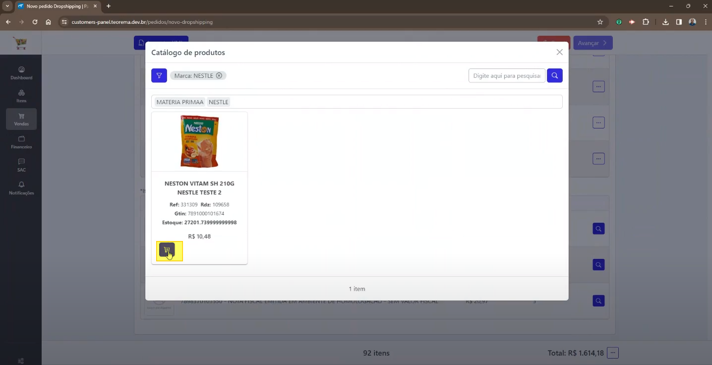 Modal Catálogo de produtos com 1 item: NESTON VITAM SH 210G NESTLE TESTE 2, Ref: 331008, Rde: 109658, Gtin: 7891000101674, Estoque: 27201,7399999999998, R$ 10,48