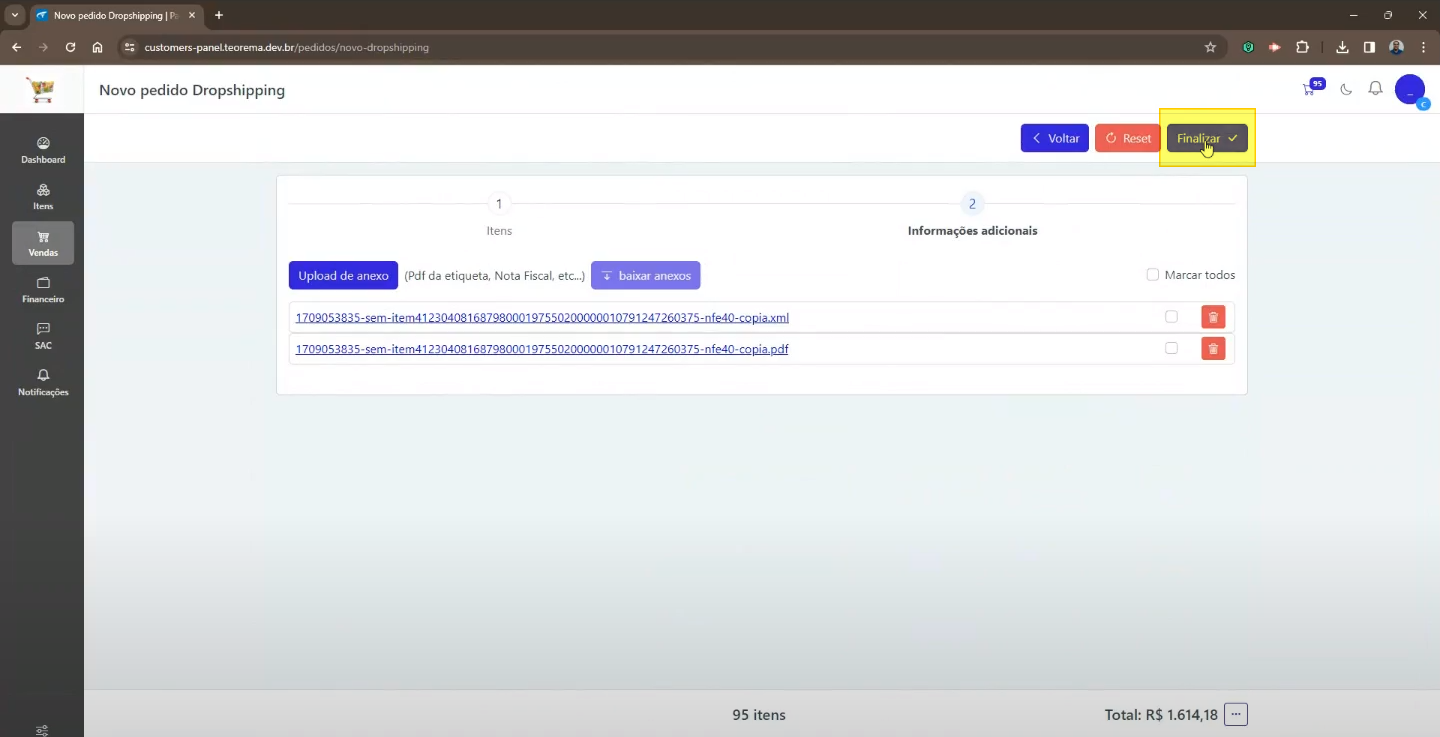 Tela Novo pedido Dropshipping, etapa 2 – Informações adicionais, com botão Upload de anexo (Pdf da etiqueta, Nota Fiscal, etc.) e botão baixar anexos; dois arquivos XML e PDF anexados listados; botão Finalizar destacado
