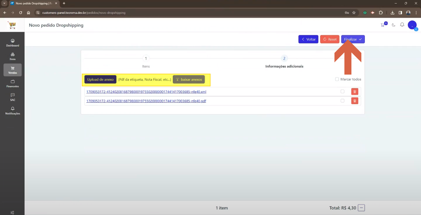 Tela Novo pedido Dropshipping, etapa 2 – Informações adicionais, com botão Upload de anexo e dois arquivos nfe40 listados (XML e PDF); botão Finalizar destacado