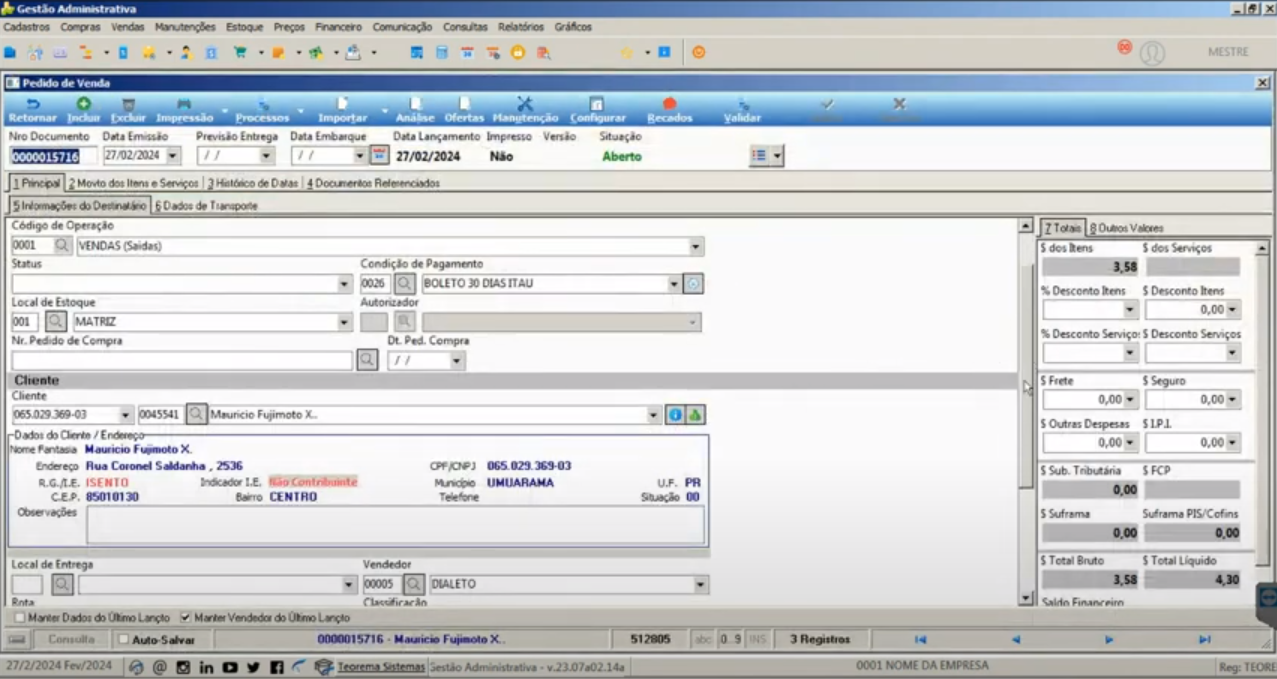 Tela Gestão Administrativa – detalhe do pedido com dados do consumidor preenchidos a partir do XML importado