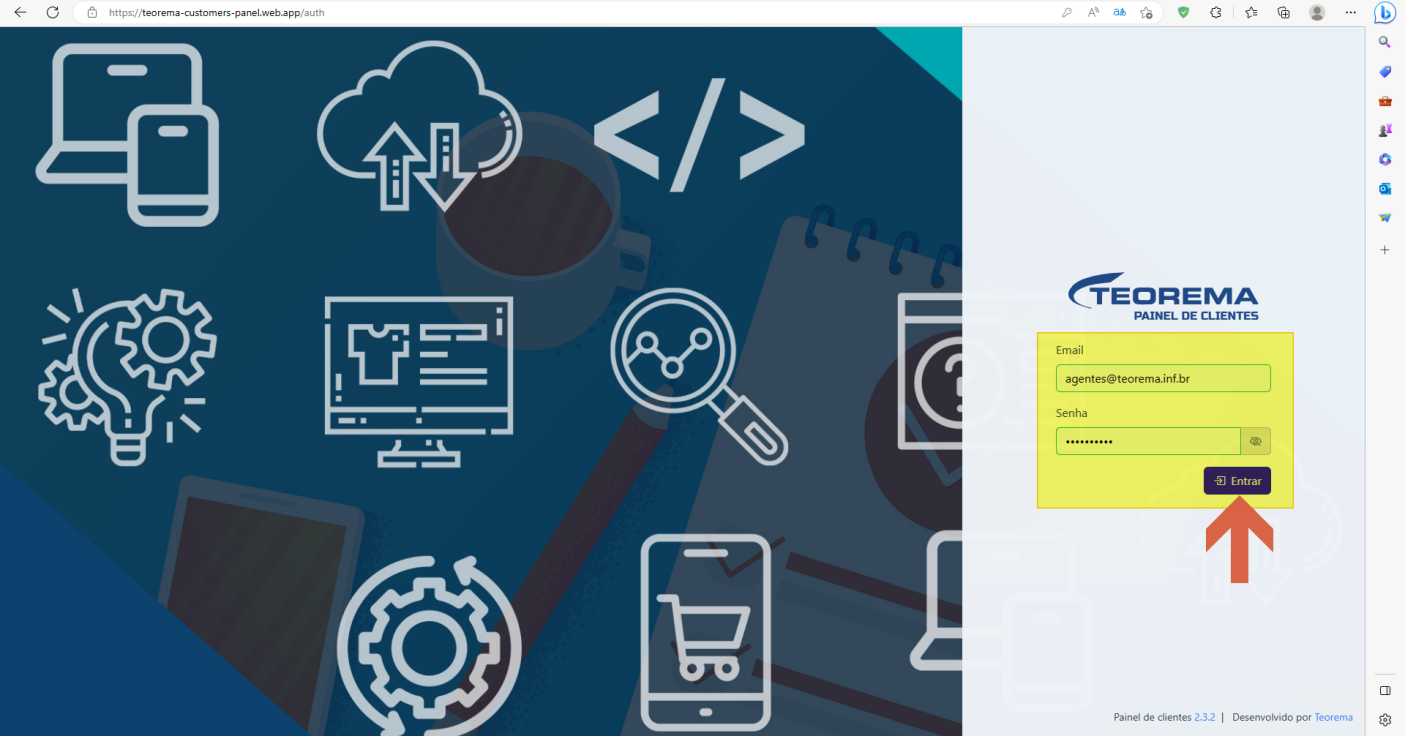 Tela de login com e-mail preenchido e botão Entrar destacado