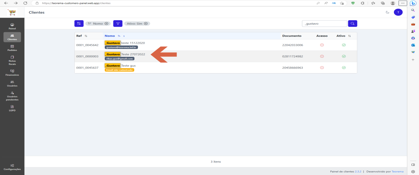 Tela Clientes com campo de pesquisa preenchido com "_gustavo", exibindo três registros de cliente filtrados