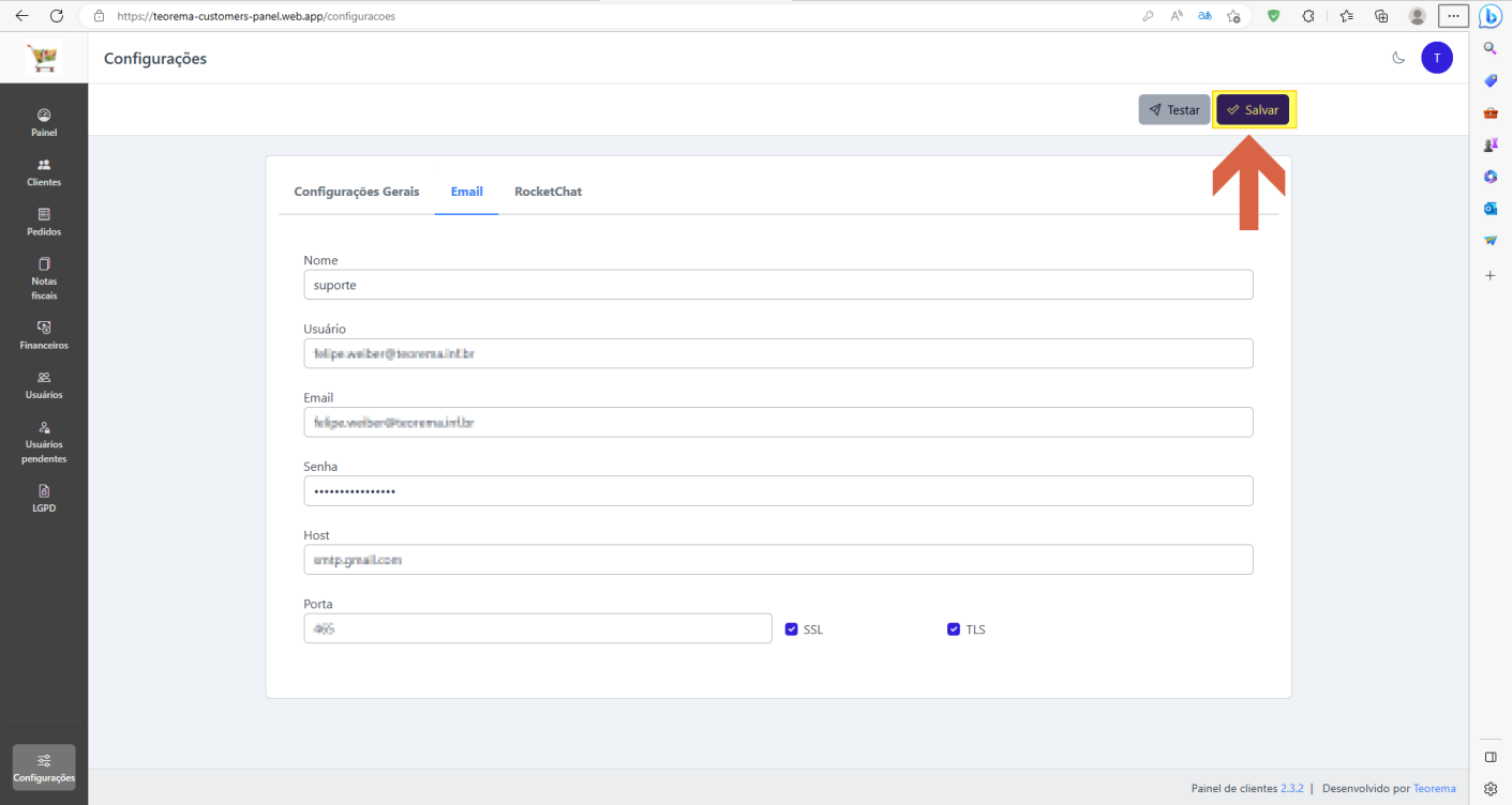 Tela Configurações — aba Email com campos Nome (suporte), Usuário, Email, Senha, Host (smtp.gmail.com) e Porta (465) com checkboxes SSL e TLS marcados; botões Testar e Salvar