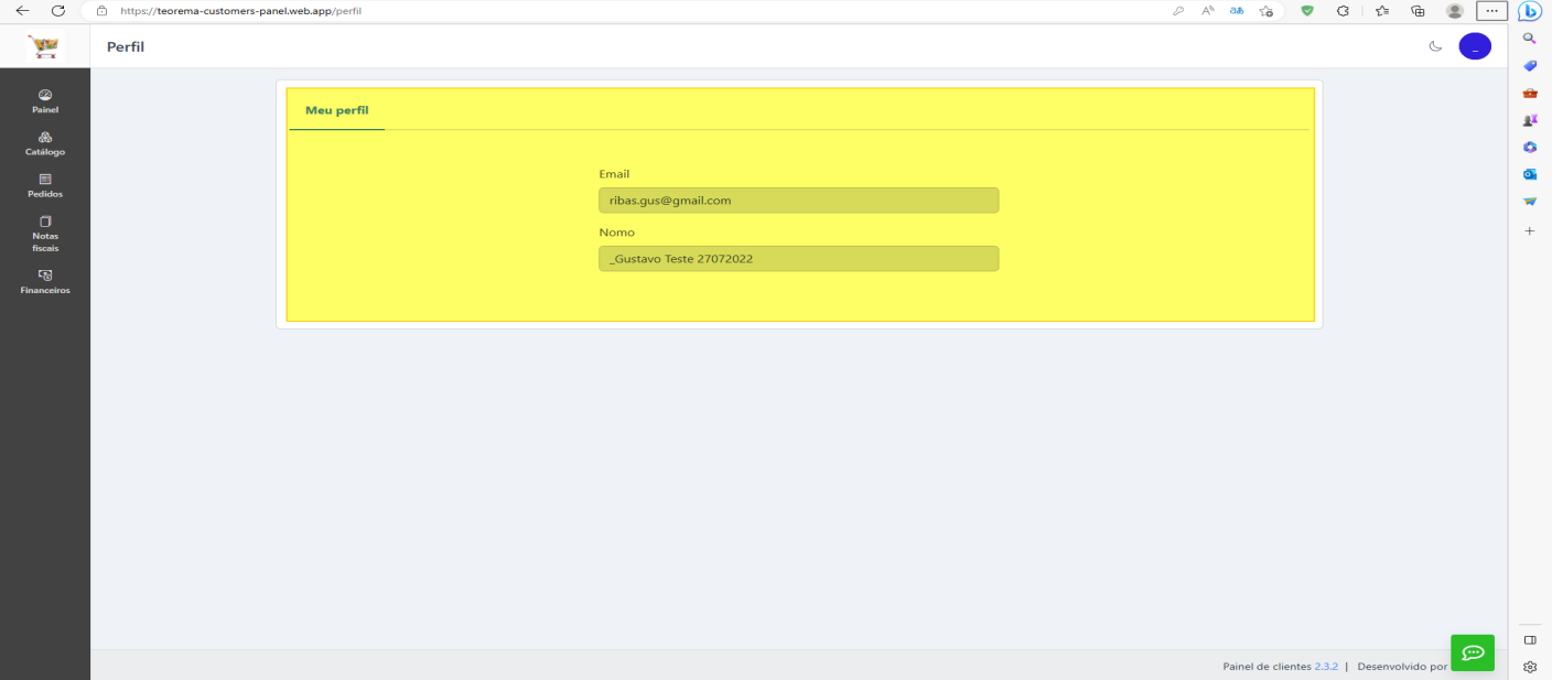Tela Perfil — aba Meu perfil com campos Email e Nome preenchidos