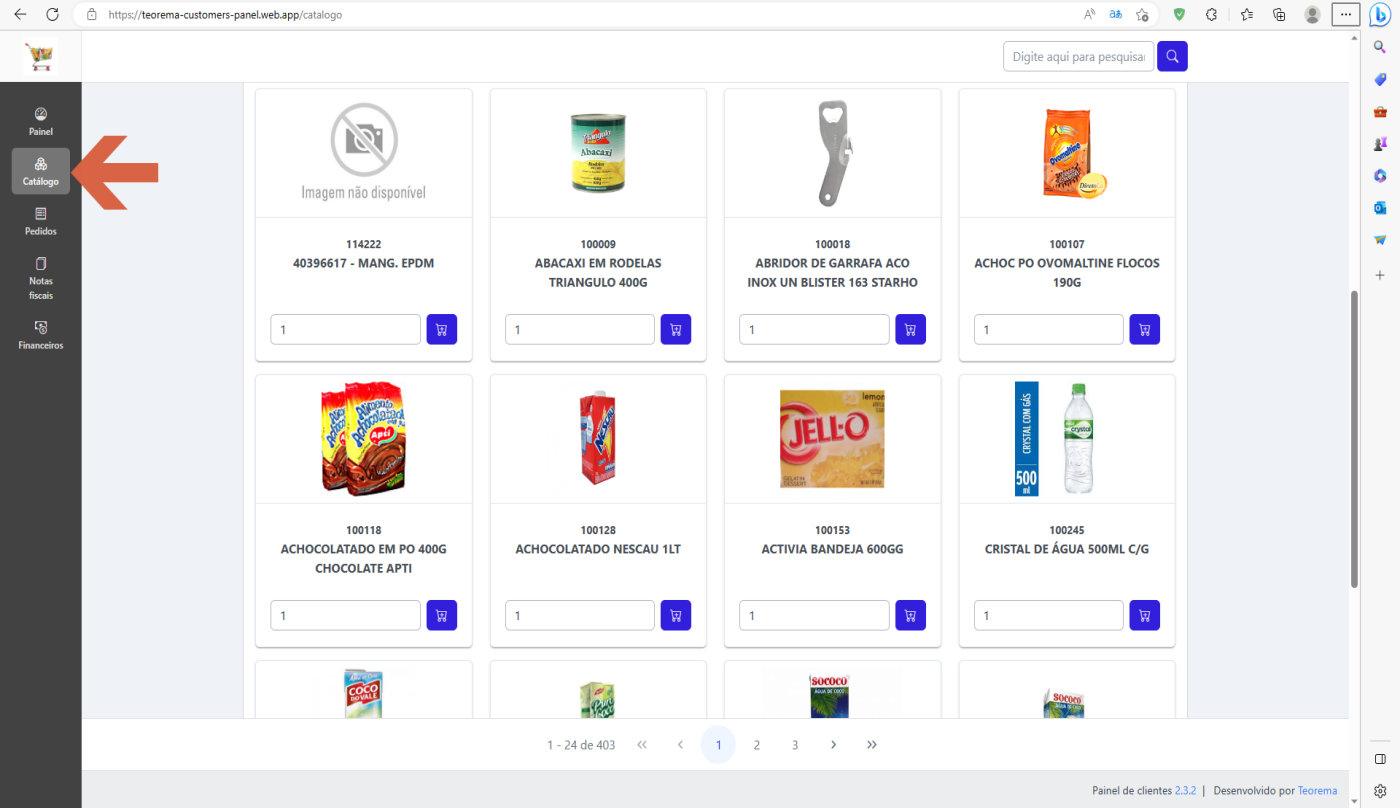Tela Catálogo de itens com produtos exibidos em grade: imagem, código e nome de cada item; campo de pesquisa no canto superior direito; paginação "1 - 24 de 403"