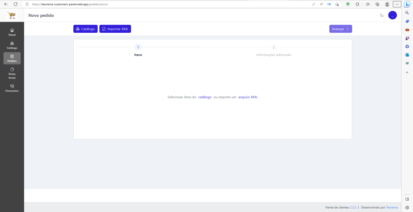 Tela Novo pedido com botões Catálogo e Importar XML; wizard em duas etapas: 1 - Itens e 2 - Informações adicionais