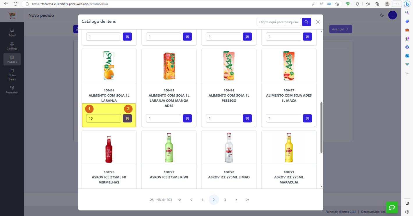 Modal Catálogo de itens com um produto (ALIMENTO COM SOJA 1L LARANJA) com quantidade 10 no campo (marcado 1) e botão de carrinho (marcado 2)