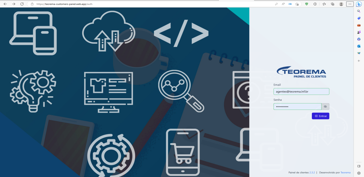 Tela de login do Painel de Clientes com e-mail e senha preenchidos — credenciais da Cliente_Teorema