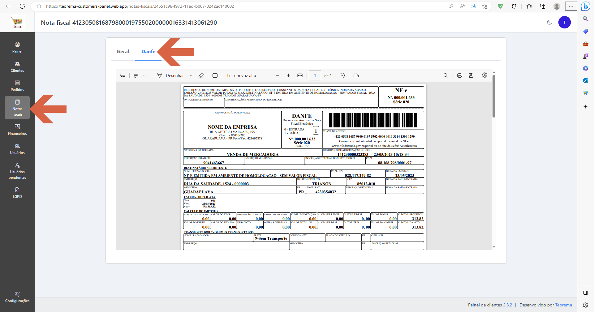 Tela Nota fiscal da Cliente_Teorema — aba Danfe com visualizador de PDF do DANFE incorporado; menus Notas fiscais destacados