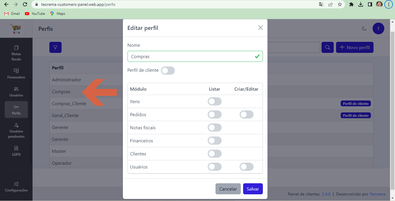 Modal Editar perfil com campo Nome (Compras), toggle "Perfil de cliente" desativado e tabela de módulos com todos os toggles desativados; seta indicando o perfil "Compras" na lista