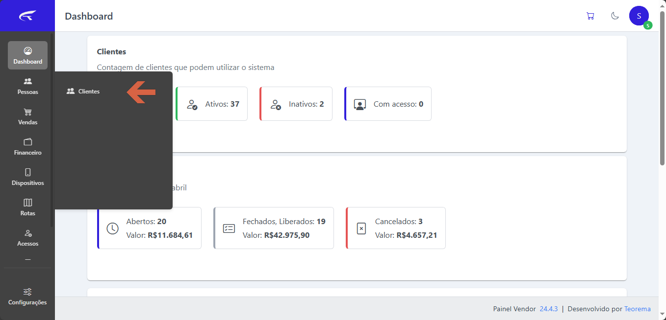 Dashboard do Painel do Vendor com menu lateral expandido mostrando a opção Clientes destacada com seta