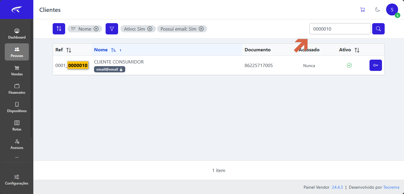 Tela Clientes do Painel do Vendor com campo de busca preenchido com "0000010" e resultado exibindo o cliente CLIENTE CONSUMIDOR com seta indicando o campo de busca