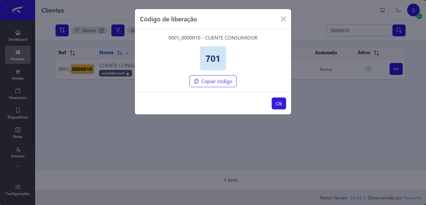Modal "Código de liberação" exibindo o código 701 para o cliente 0001_0000010 - CLIENTE CONSUMIDOR, com botão "Copiar código" e botão "Ok"