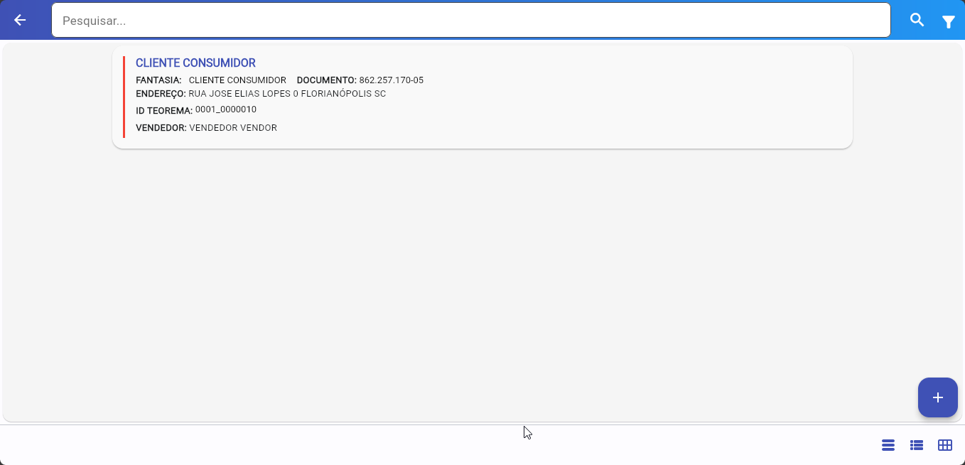 Tela do aplicativo Vendor com resultado de busca do cliente CLIENTE CONSUMIDOR exibindo campos Fantasia, Documento, Endereço, ID Teorema e Vendedor