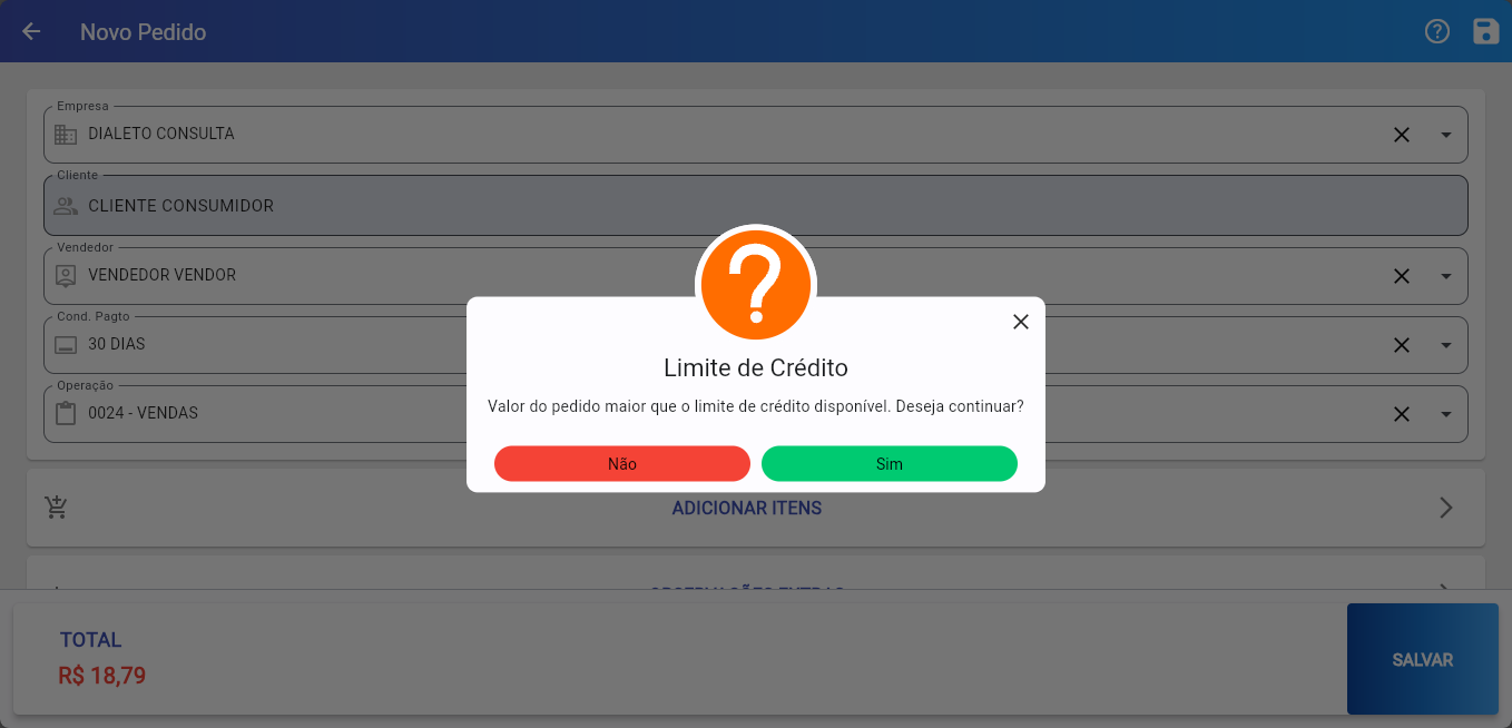 Tela Novo Pedido no aplicativo Vendor com campos Empresa "DIALETO CONSULTA", Cliente "CLIENTE CONSUMIDOR", Vendedor "VENDEDOR VENDOR", Cond. Pagto "30 DIAS", Operação "0024 - VENDAS", Total R$ 18,79 e botão SALVAR