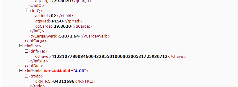 XML do CT-e exibindo o bloco infDoc > infNFe com a chave de acesso 41231077890846004328550100000300531725930712 que gerou a rejeição 930
