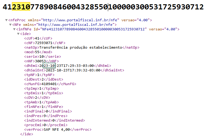 XML da NF-e com a chave de acesso 41231077890846004328550100000300531725930712 destacada no topo e o bloco ide exibindo cUF 41, mod 55, nNF 30053, dhEmi 2023-10-23 e natOp Transferencia producao estabelecimento