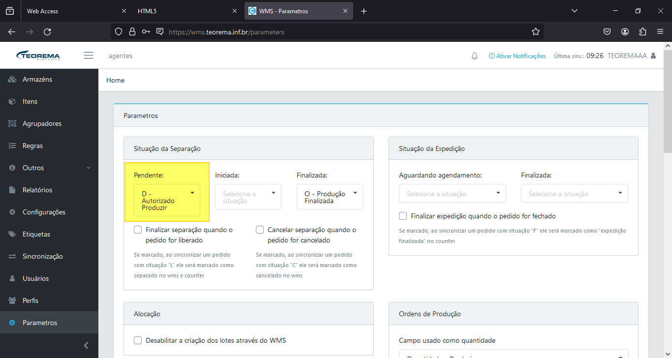 Tela WMS Parametros (wms.teorema.inf.br/parameters), seção "Situação da Separação", campo Pendente configurado com "D - Autorizado Produzir" em destaque