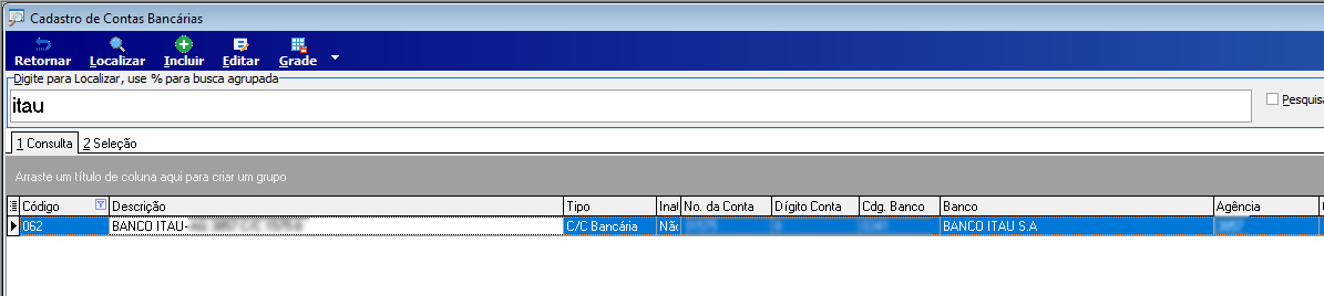 Tela Cadastro de Contas Bancárias com campo de busca preenchido com "itau" e registro BANCO ITAU S.A listado com tipo C/C Bancária