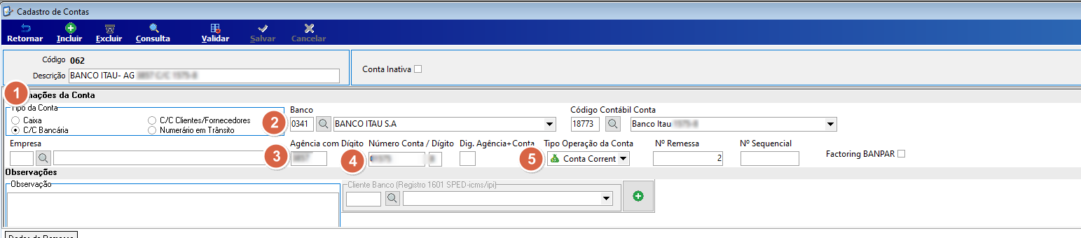 Tela Cadastro de Contas com seção Informações da Conta exibindo campos Tipo da Conta, Banco, Agência com Dígito, Número Conta / Dígito e Tipo Operação da Conta numerados de 1 a 5