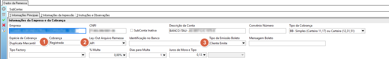 Seção SubContas aba Informações Principais com campos Cobrança, Lay-Out Arquivo Remessa e Tipo da Emissão Boleto numerados de 1 a 3