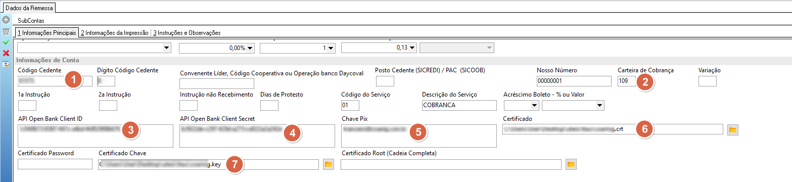 Seção Informações de Conta da subconta exibindo campos Código Cedente, Carteira de Cobrança, API Open Bank Client ID, API Open Bank Client Secret, Chave Pix, Certificado e Certificado Chave numerados de 1 a 7 com valores preenchidos e ocultados