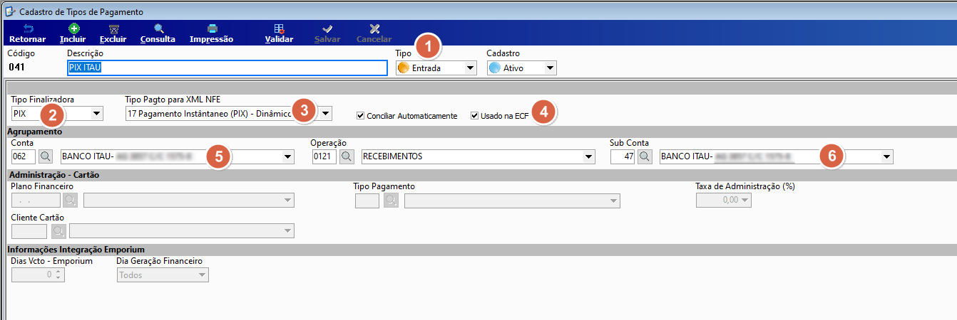 Tela Cadastro de Tipos de Pagamento com campos Tipo, Tipo Finalizadora, Tipo Pagamento para XML NFE, opção Usado na ECF, Conta e Sub Conta numerados de 1 a 6 preenchidos para o registro PIX ITAU